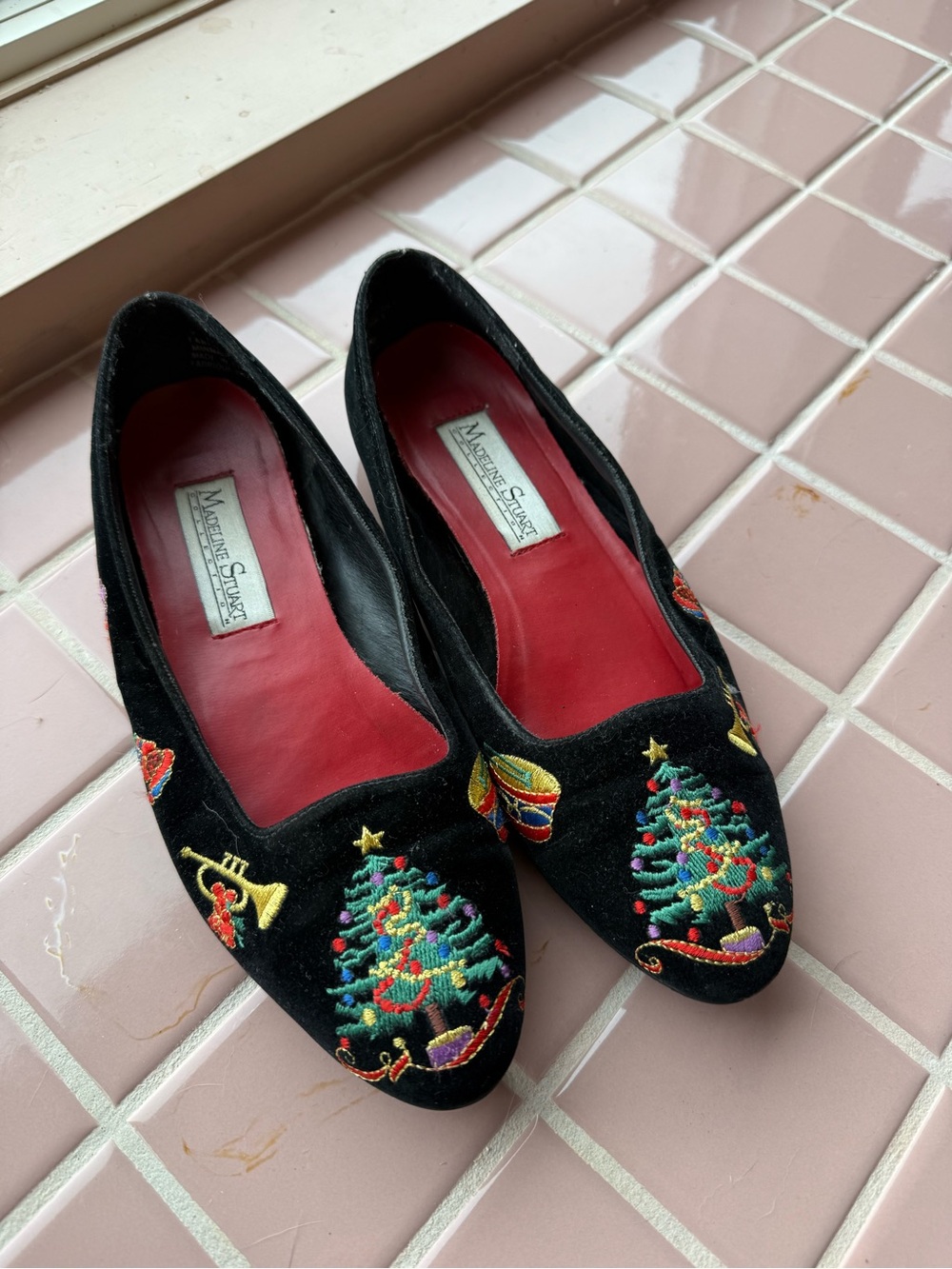 Madeline Stuart Slipper Black Velvet Christmas Tree Embroidered Flats